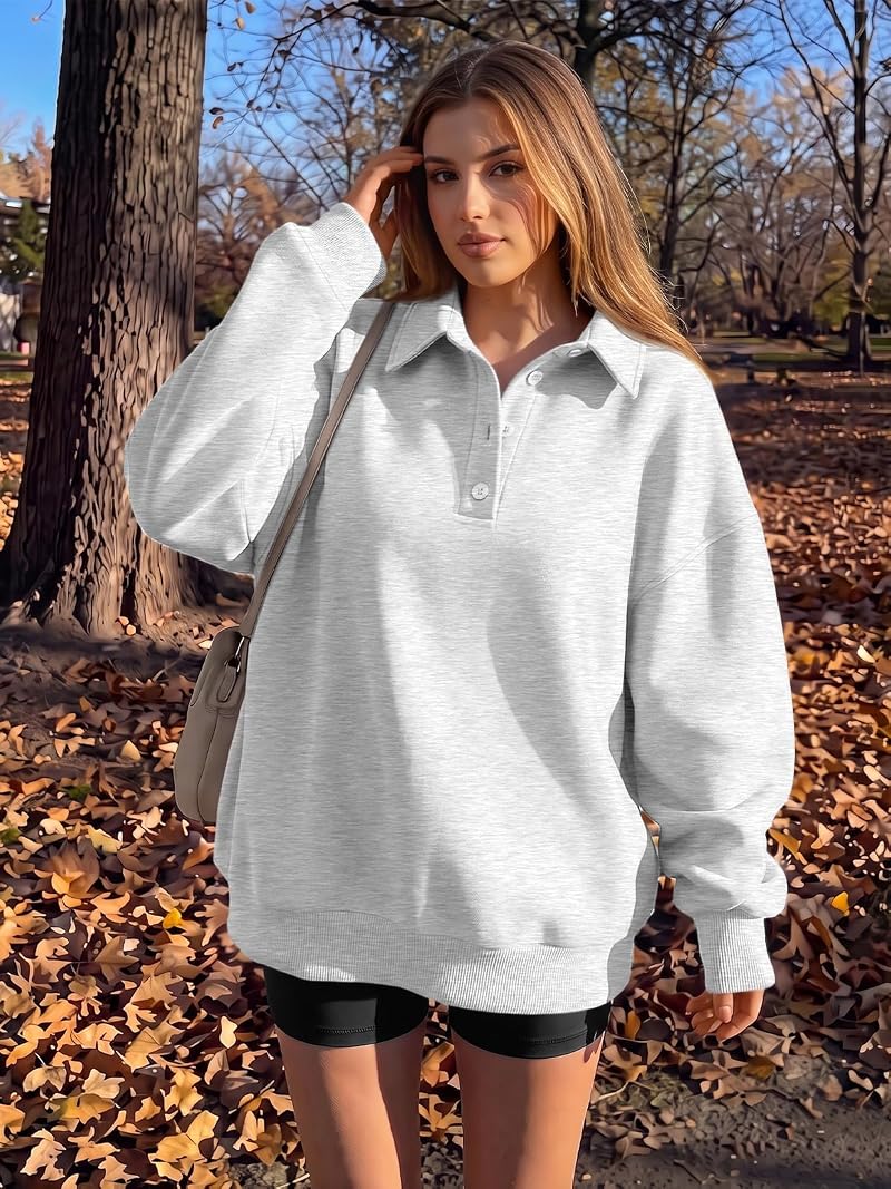 Grey Large Trendy Queen Polo Collar Oversized Sweatshirt