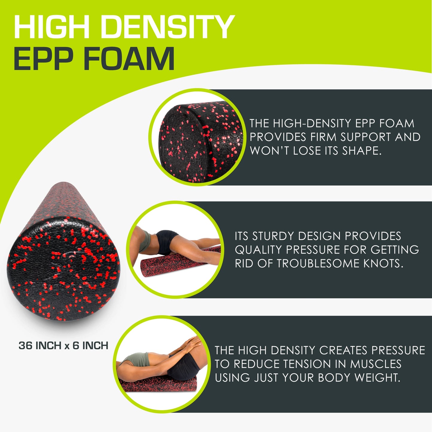 ProsourceFit High Density Foam Rollers 36 - inches long, Firm Full Body Athletic Massage Tool for Back Stretching, Yoga, Pilates, Post Workout Muscle Recuperation, Black/Red