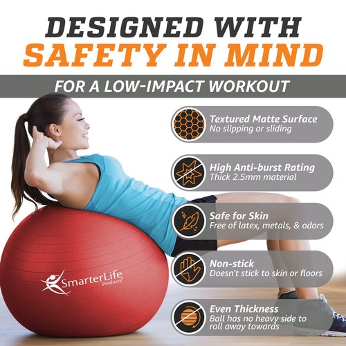 SmarterLife Exercise Ball, Yoga Ball for Fitness, Balance, Stability, or Pregnancy, Gym Ball for Core Workout, Physical Therapy, Yoga Ball Chair for Office, Anti-Slip Anti-Burst (45 cm, Red)