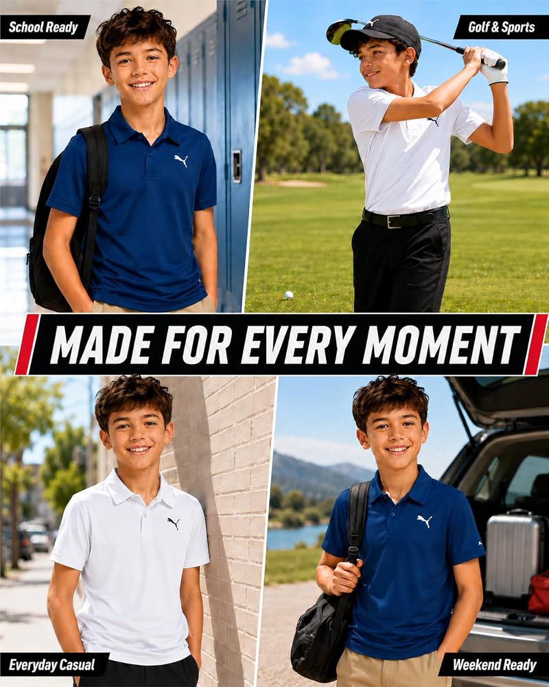 PUMA Boys Polo Shirts 2 Pack Navy/White 10-12 – Performance Golf Collared Polos