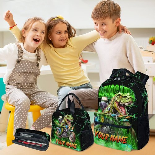 Personalized Backpack with Lunch Box, Dinosaur Backpacks for Boys, 17 Inch Custom Kids School Bag Set, Motorcycle Bookbags for Elementary