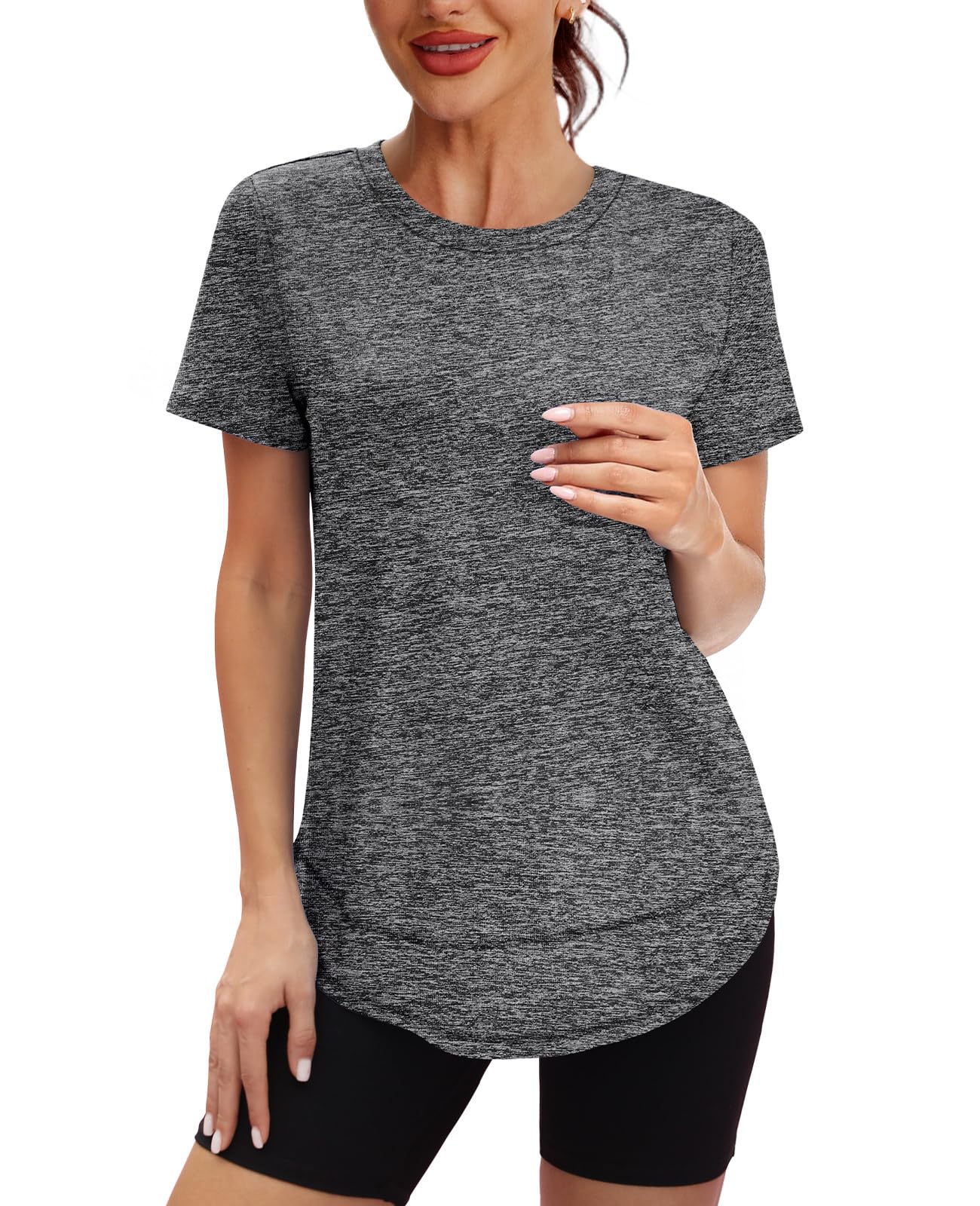 Spring Summer Tops for Women Short Sleeve Hiking Shirts Athleisure Golf Shirt Beach Fashion Curved Hem Loose Fit Grey XXL