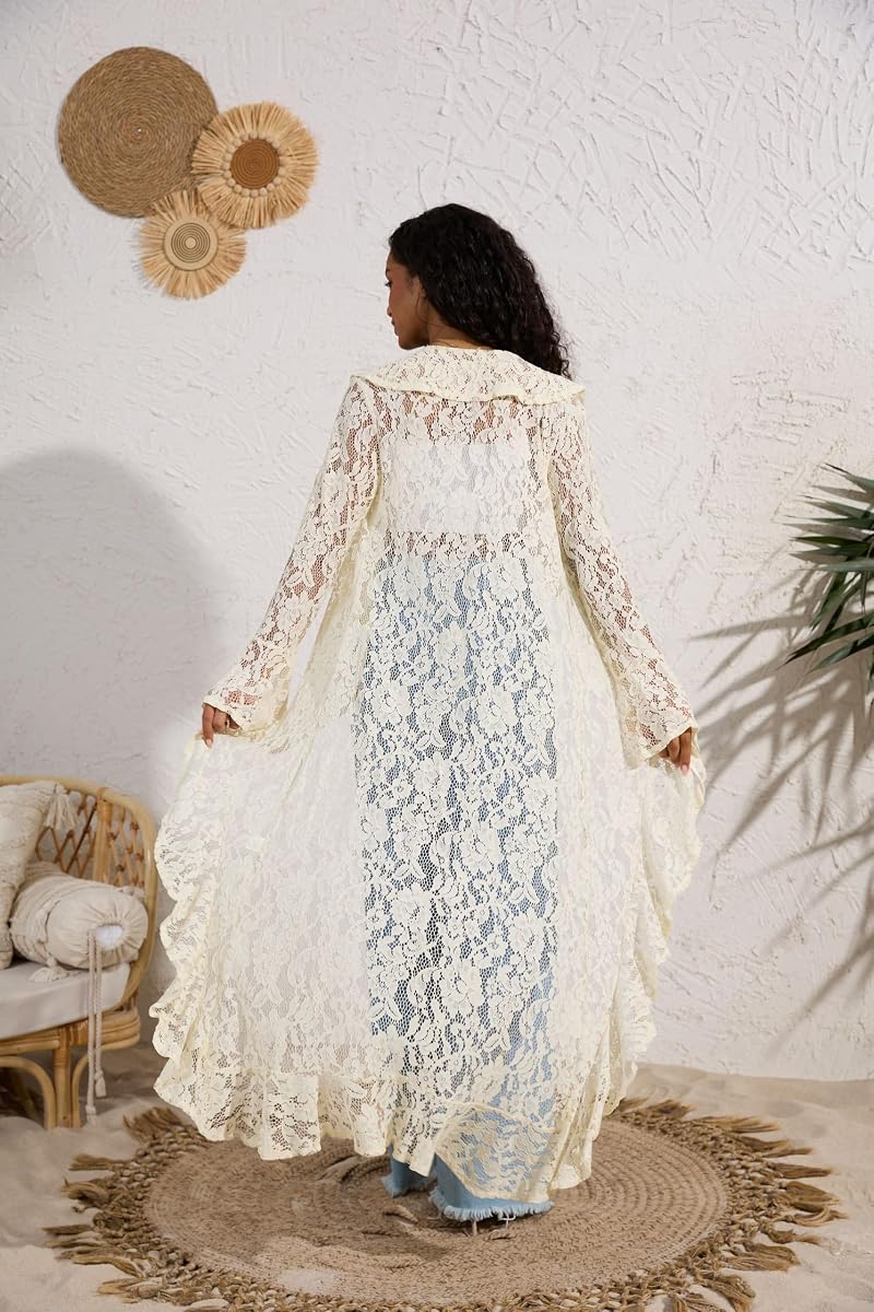 Lace Cardigan for Women Maxi - Open Front Tie Bell Sleeve Duster Cover Up Beige Large