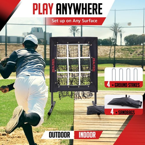 ZEALFEEL Baseball Pitching Net, 9 Hole Pitching Net with Strike Zone, 5 Height Adjustable Throwing Trainer, Heavy Duty Baseball Softball Net with Carry Bag for Solo Practice