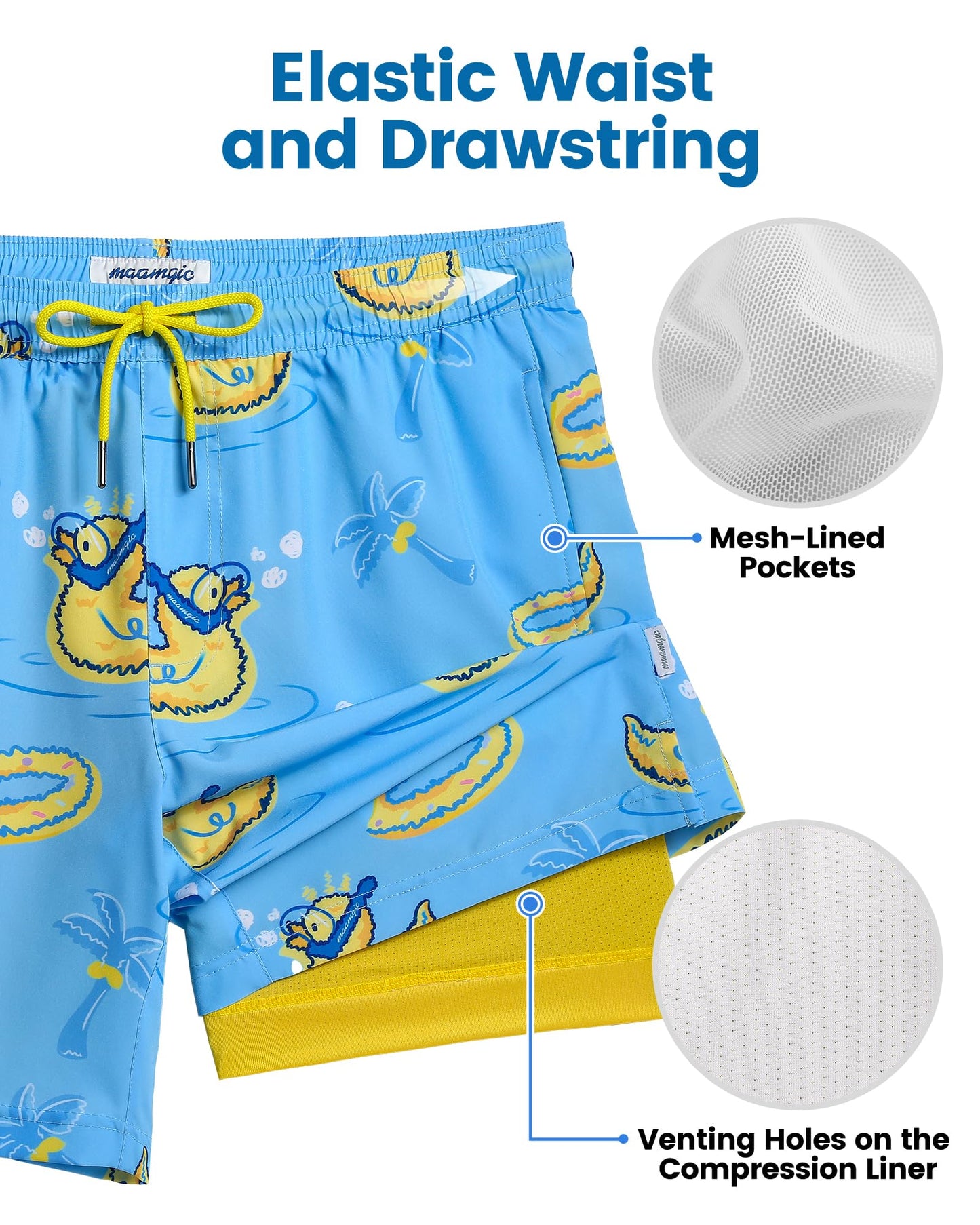 maamgic Mens Swim Trunks with Compression Liner 7 Inch Inseam Mens Bathing Suit Quick Dry Swimming Trunks Swimsuit Swimming Duck Blue and Yellow XX-Large