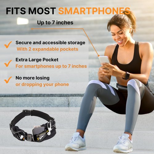Slim Running Belt for Women and Men, Waterproof Phone Holder for Running, Reflective 2-Pocket Waist Pack for Storing Runner?™s Essentials Safely, Runner?™s Fanny Pack, Money Belt Fits Most Phones