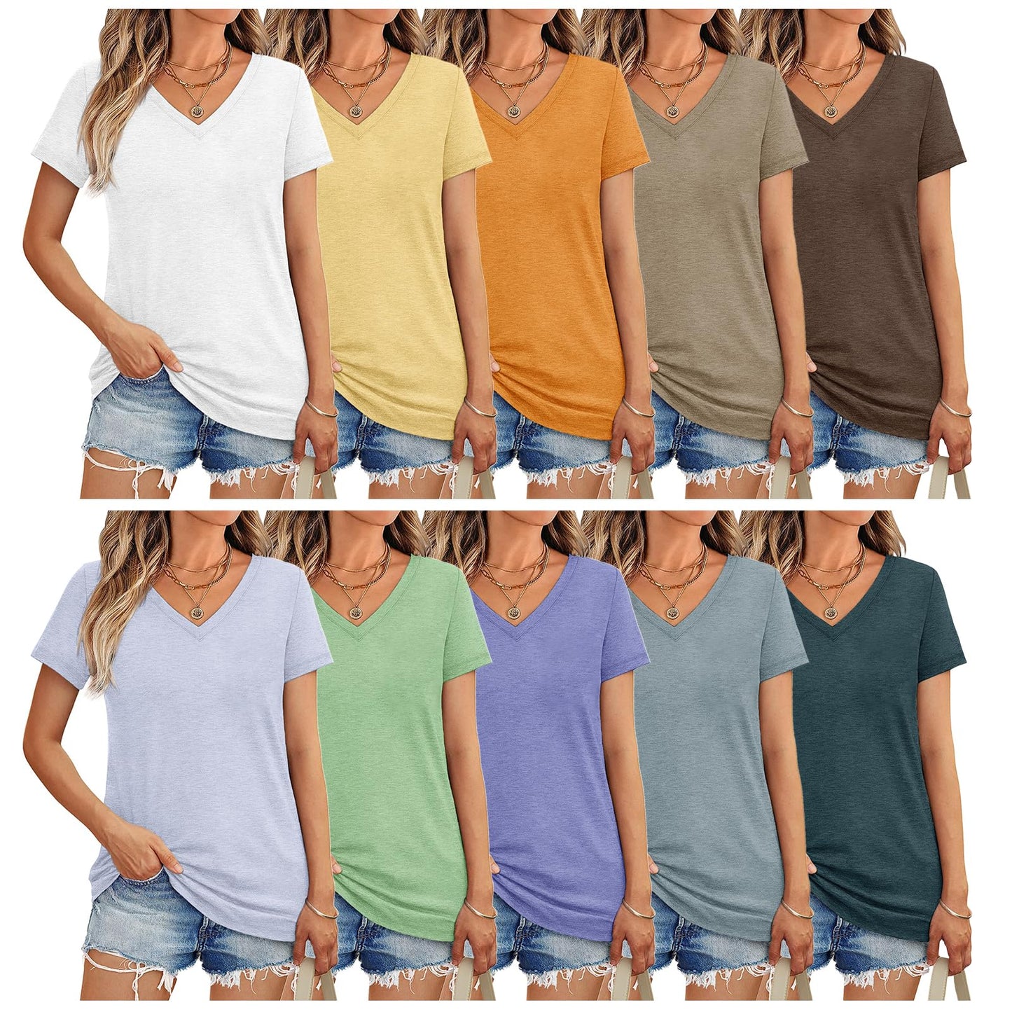 10 Pack V Neck T Shirts for Women Short Sleeve Tshirts Summer Casual Tops Loose Fit Basic Tees