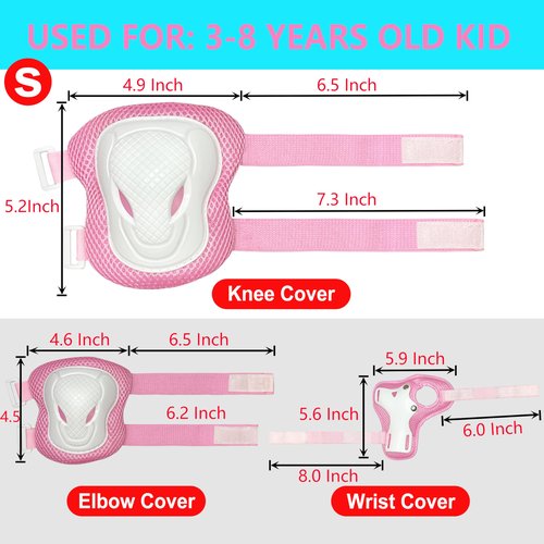 ENHERWE Protective Gear Set for Skating Cycling Bike Rollerblading Scooter,Include Wrist Guards,Knee Pads and Elbow Pads for 3-8 Years Kids,Pink and Size S