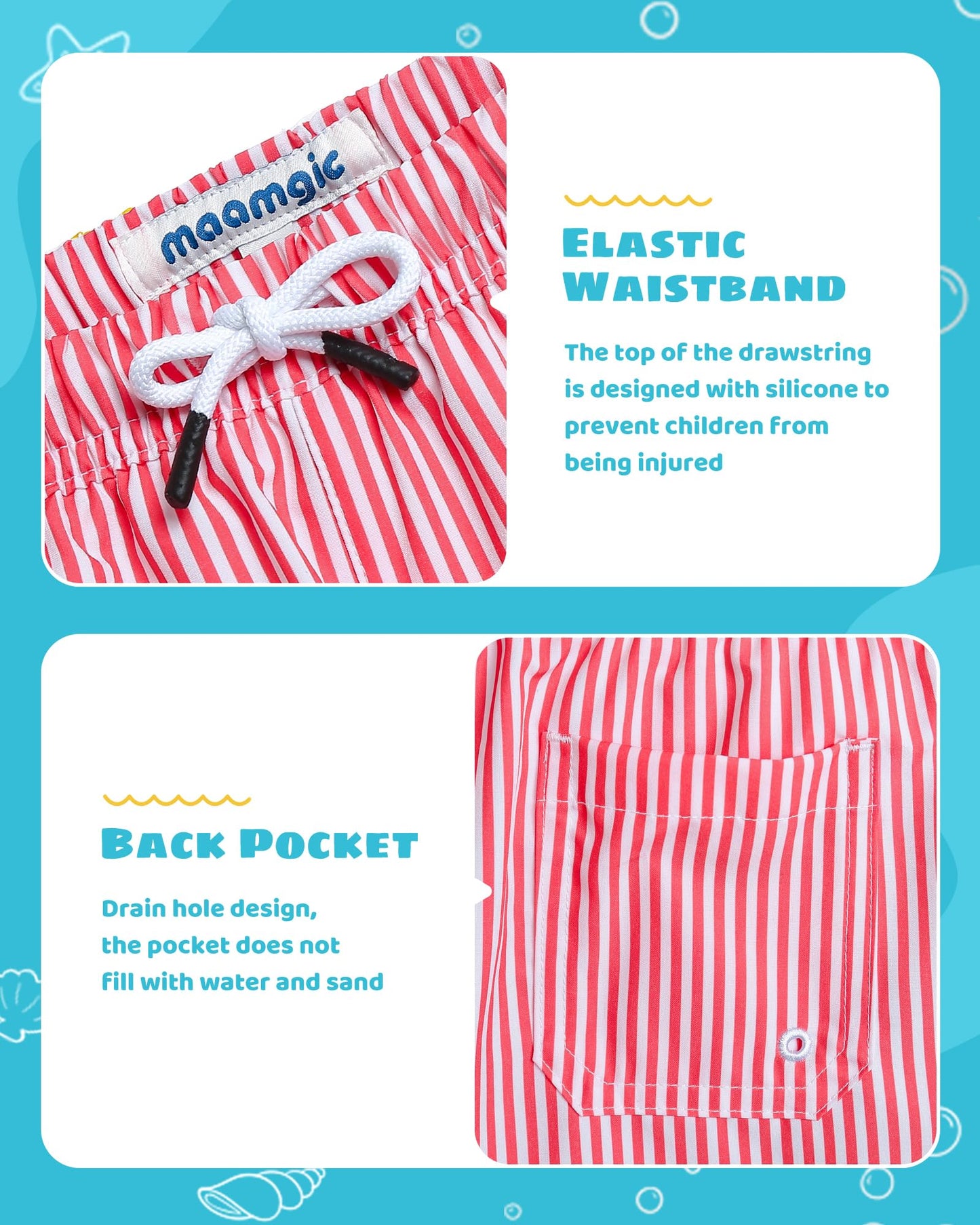 maamgic Boys Swim Trunks with Compression Liner Toddler Stretch Swim Shorts Quick Dry Swimming Trunks Boxer Brief 2 in 1 Beach Shorts Red Stripe 2T