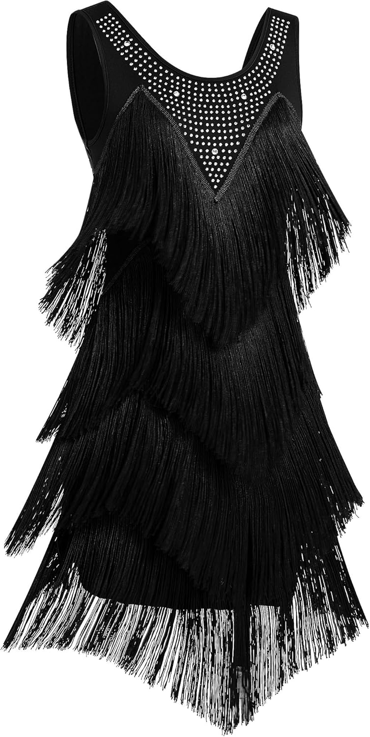 IWEMEK Rhinestones Layered Fringe Dress Ballroom Latin Dance Dress for Women Tiered Tassel Flapper Dresses Dancing Costume