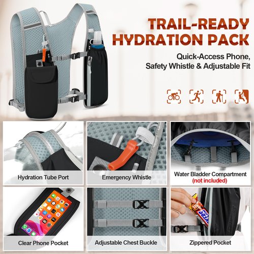 RAINSMORE Running Hydration Vest with 500ml Soft Flask, Waterproof Phone Pocket, Lightweight Hydration Pack, Adjustable No-Bounce Straps for Trail Running, Marathon, Cycling Black