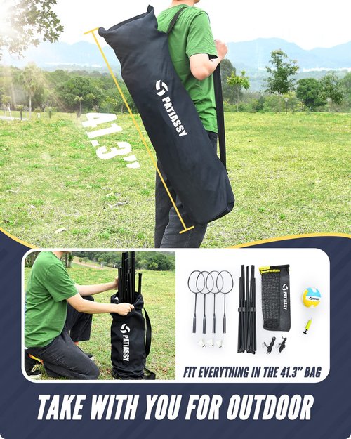 Patiassy 5.1ft-7.4ft Adjustable Height Volleyball Badminton Net Set 17ft Portable Sports Net with Poles, 4 Badminton Rackets, 3 Shuttlecocks and 1 Volleyball for Indoor Outdoor