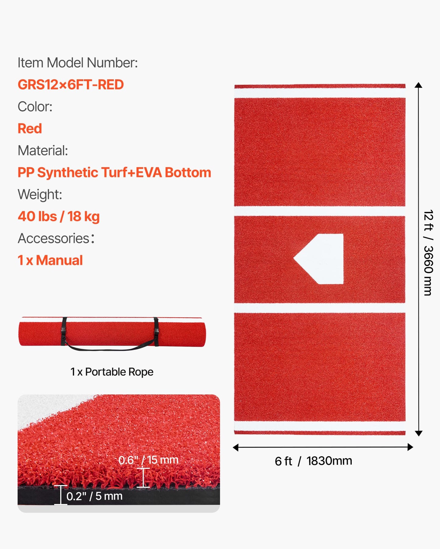 VEVOR 12x6ft Baseball/Softball Batting Mat with Home Plate - Anti-Fade Turf, Portable Hitting Trainer for Cage/Indoor/Outdoor Practice