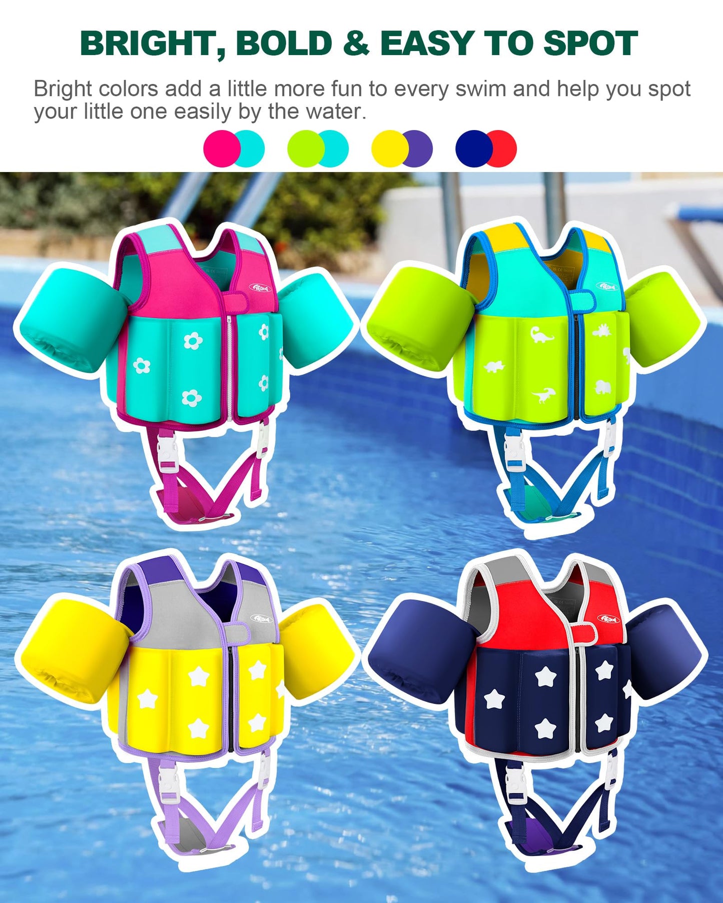 AEOCOO Kids Pool Floaties 1-2-3-5-7-9 Years Old, Toddler Swim Vest 20-30-50-70 Pounds, Comfortable Extended Wear Kids Float Jacket with Crotch Strap, Bright Design and Unpadded Sides, Purple
