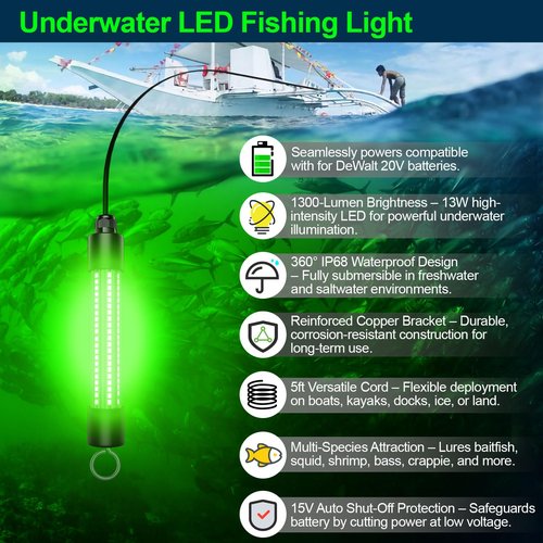 LED Underwater Fishing Light Compatible with for DeWalt 20V Battery（Battery Not Included）, 1300 Lumens, IP68 Waterproof Submersible Green Fish Attractor Light for Night/Ice/Boat Fishing
