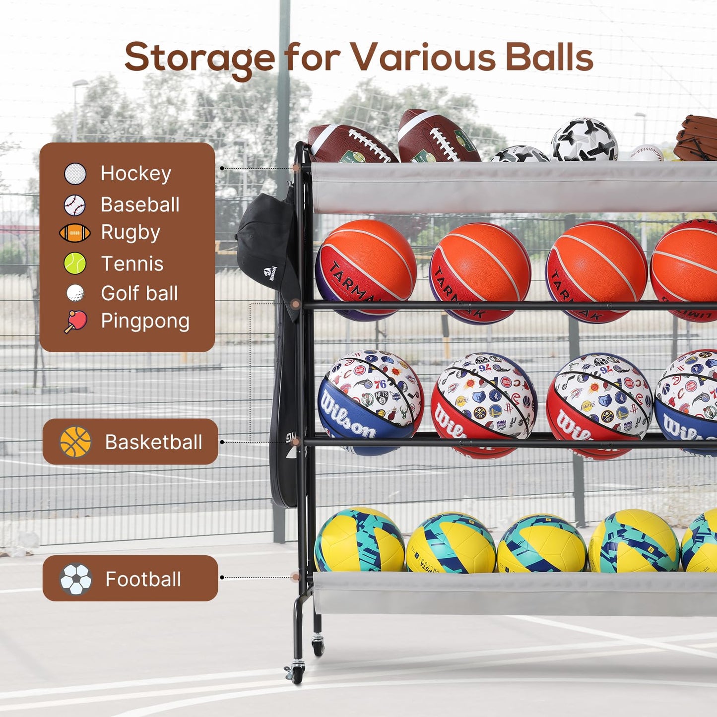 Holbrett Basketball Rack, Rolling Ball Storage Stand with Baseball Bat Holder Storage Cart and Movable Hooks 4-Layer Organizer Holder with Wheels for Volleyball Football Rugby Balls