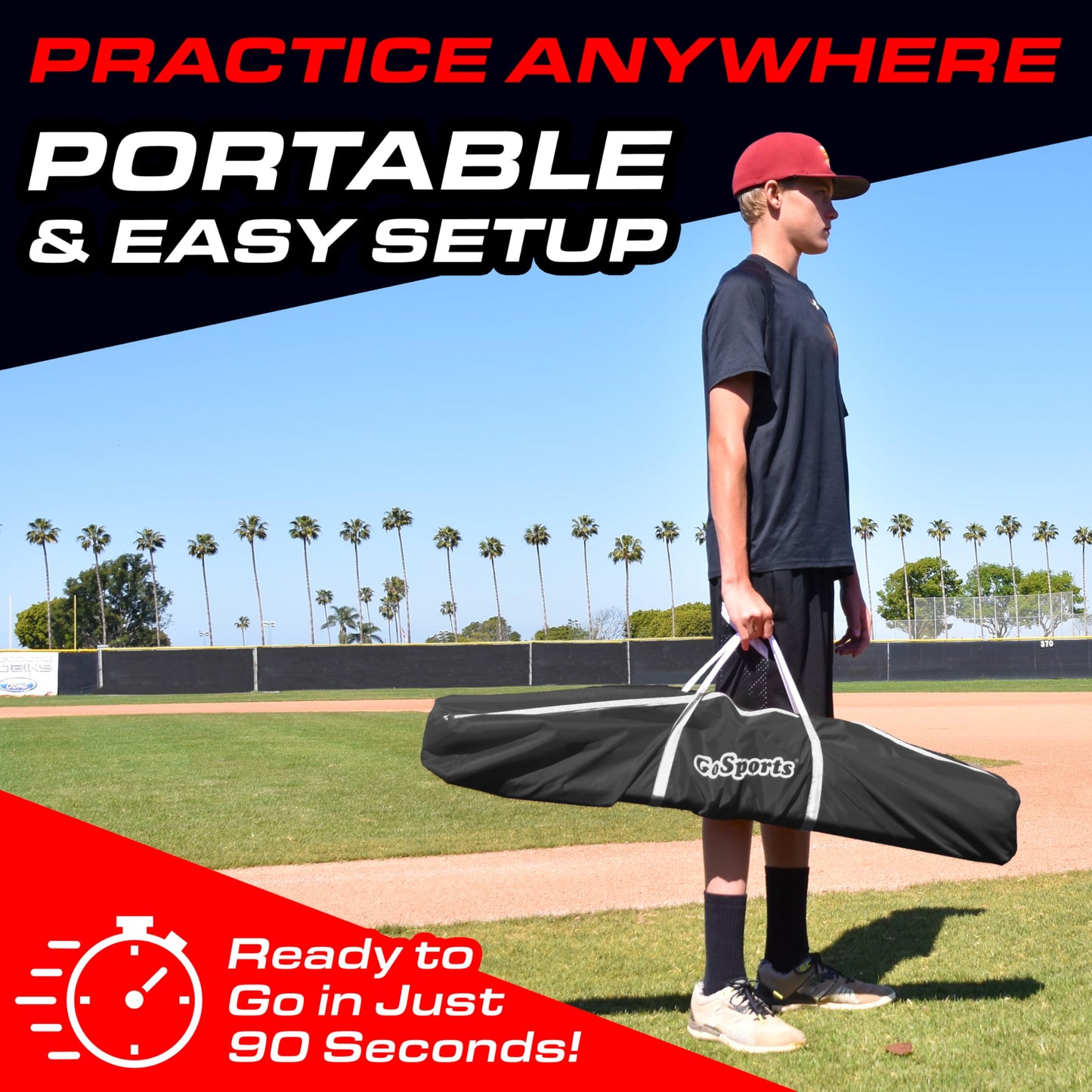 GoSports 7 ft x 7 ft Baseball & Softball Practice Hitting & Pitching Net with Bow Type Frame, Carry Bag and Strike Zone, Great for All Skill Levels