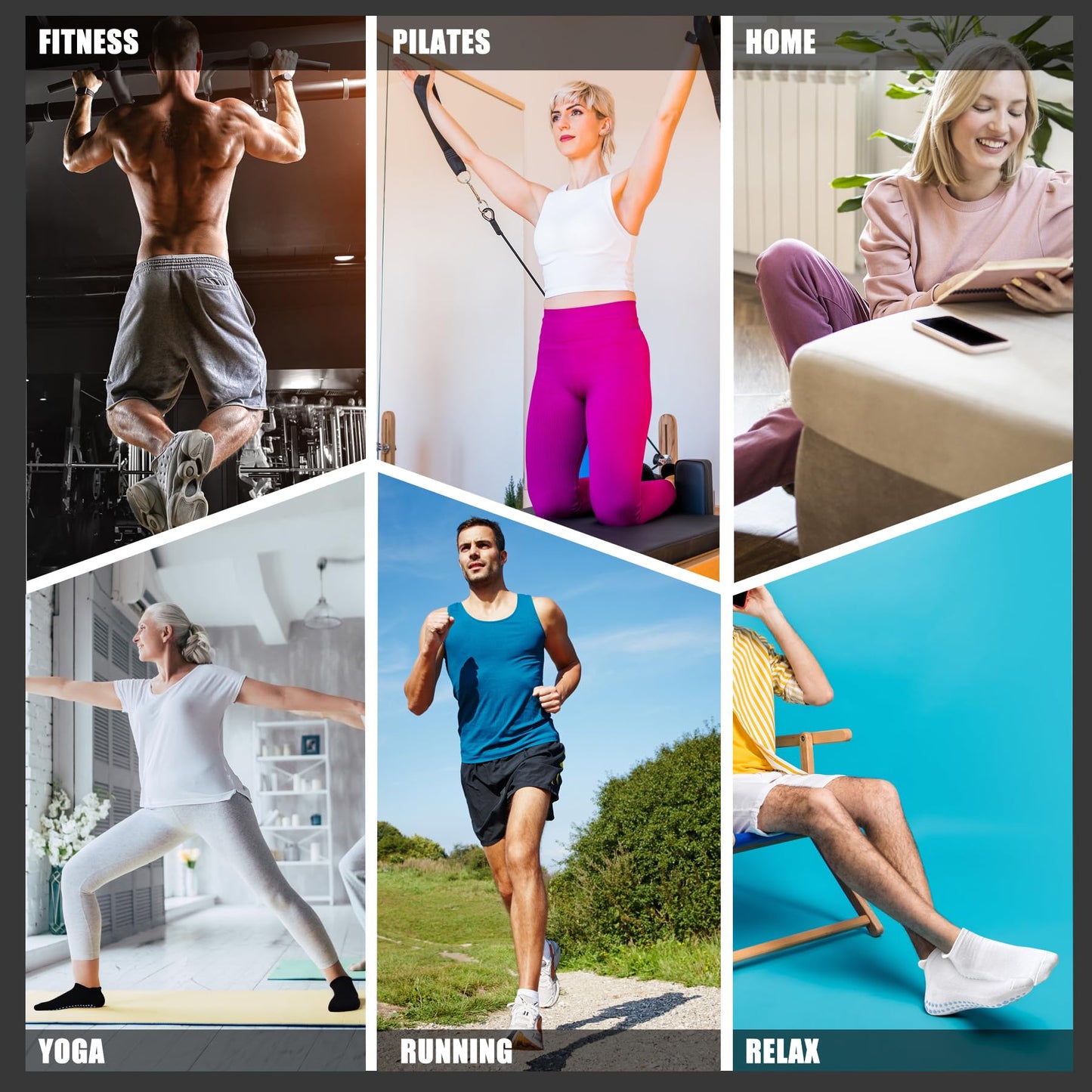 SkiBeaut 6 Pairs Non Slip UnisexGrips Socks Pilates Men Women Anti Skid Grippers Lady Mens Cushion Socks for Yoga Barre Home & Hospital, US Size 5-8