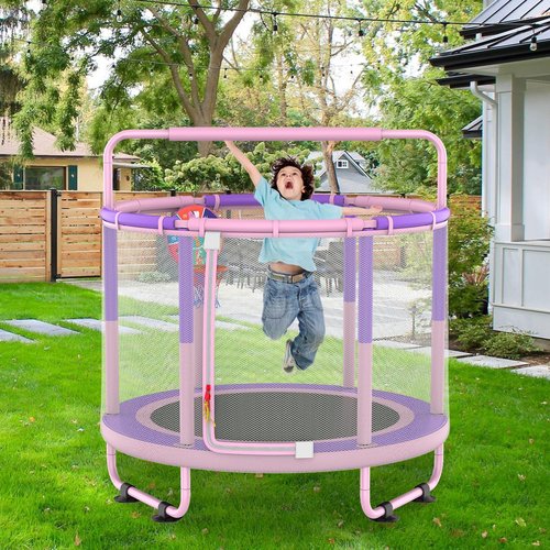 LANGXUN 60" Trampoline for Kids, 5ft Toddler Mini 6-in-1 Trampoline Indoor Outdoor with Swing, Basketball Hoop, Dart Board, Gymnastics Bar, Rings, Christmas Toys Birthday Gifts for Girls Boys Age 1-8
