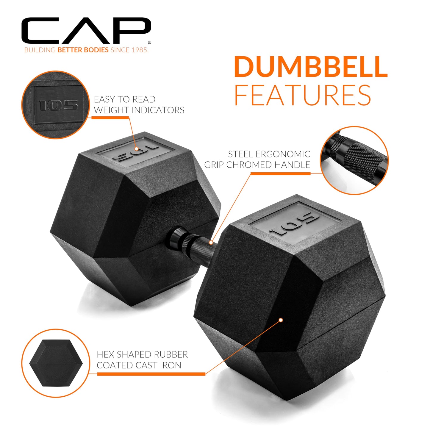 CAP 105 LB Rubber Coated Hex Dumbbell Weight, Rubber Free Weights for Home Gym Strength Training, Black Oxide Handle, Pair