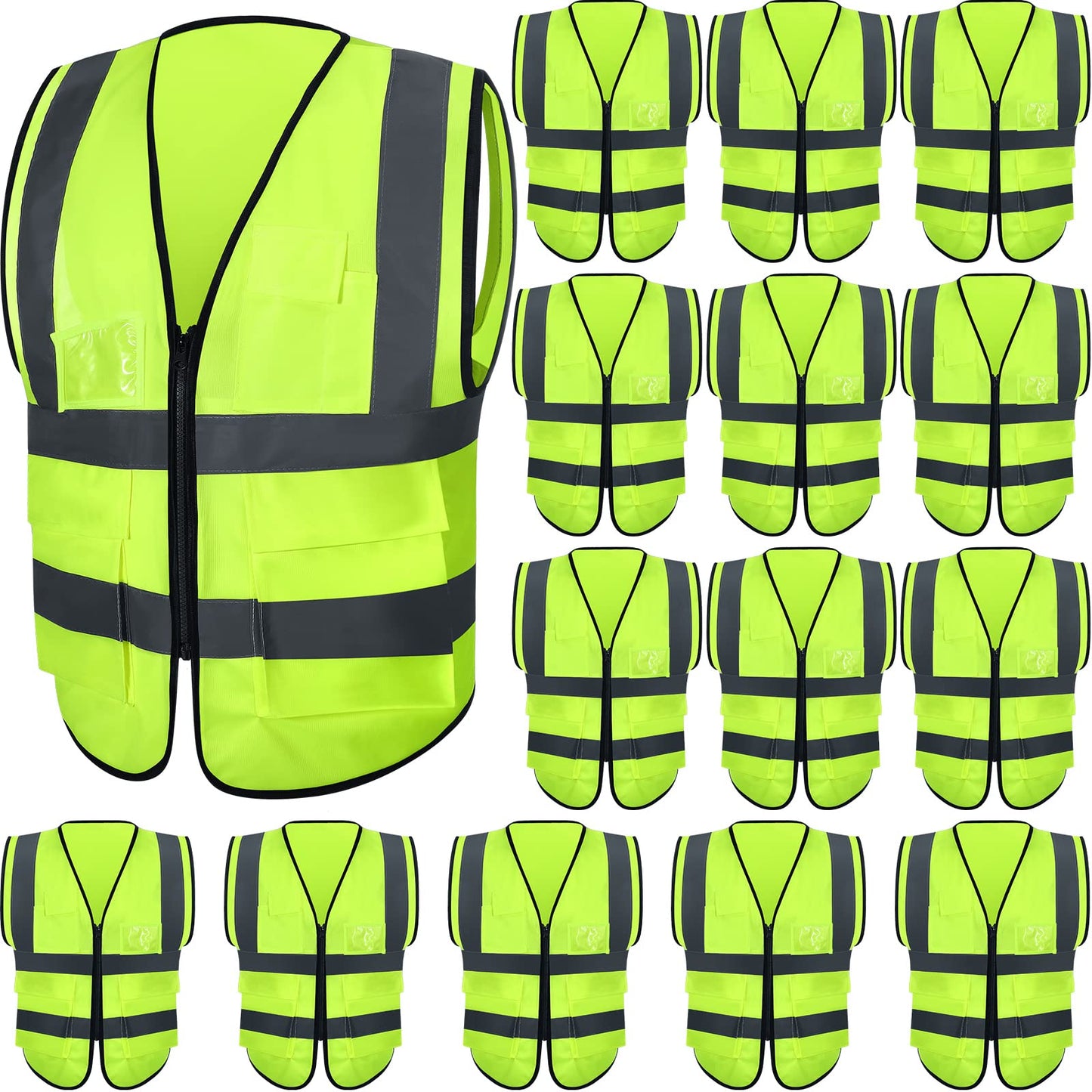JaGely 15 Pack Reflective Safety Vests with Pockets and Zipper Construction Work High Visibility Vest for Men Women(Large,Fluorescent Green)