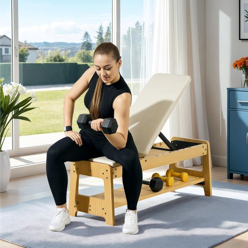 Soozier Adjustable Weight Bench with Dumbbell Rack, Wooden Workout Bench, Flat or Incline Bench for Home Gym Weight Lifting Training, White