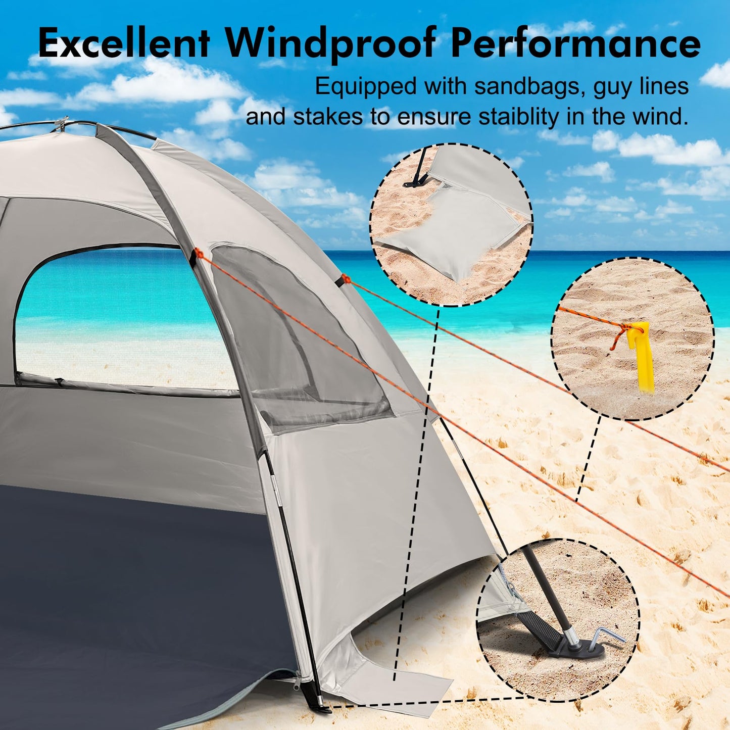 WhiteFang Beach Tent Anti-UV Portable Sun Shade Shelter for 6 Person, Extendable Floor with 3 Ventilating Mesh Windows Plus Carrying Bag, Stakes and Guy Lines (Baby's Breath)