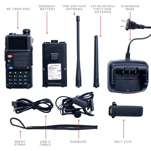 BAOFENG BF-F8HP PRO 10 W Tri-Band Two-Way Radio – UV-5R 7th Gen, 1000 Channels, GPS & NOAA Weather, Aviation/VHF/UHF/1.25 m Scanner, IP54 Rugged, USB-C Rechargeable Battery