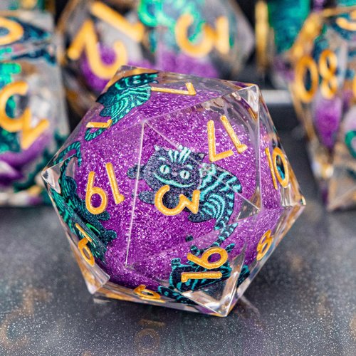 OGCOPHEN DND Cat Dice 7PCS Polyhedral Sharp Edge Dice Set with Gift Case for Dungeons Dragons Role Playing Game, RPG Resin D and D Dice D6 D8 D10 D12 D20 D% (Gold Purple)
