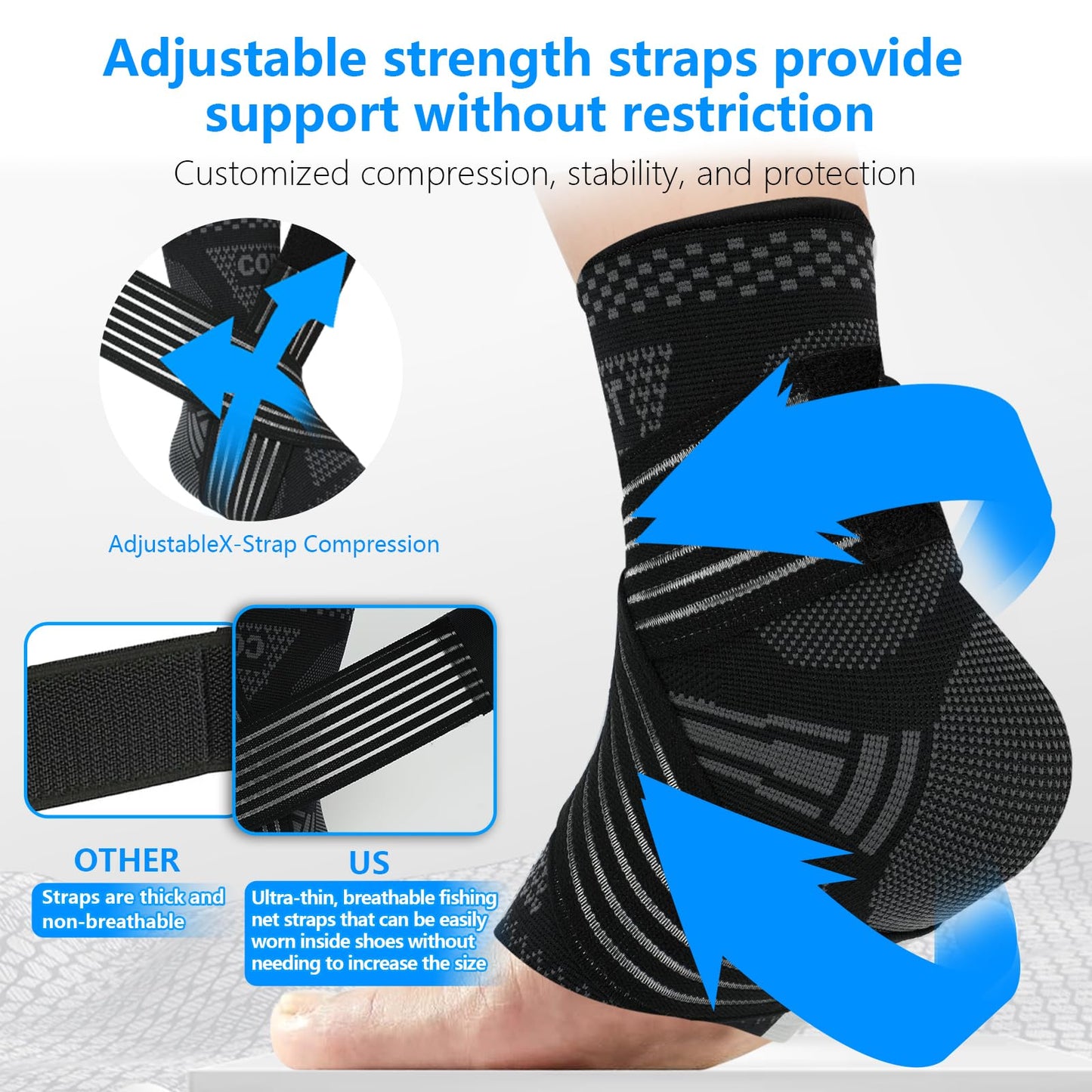 DRNAIETY Copper Ankle Brace for Men & Women - 1 Pair Adjustable Ankle Support Compression Sleeve for Plantar Fasciitis, Achilles Tendonitis, Foot Pain, Swelling, Sprains - Everyday Use (Black, Medium)