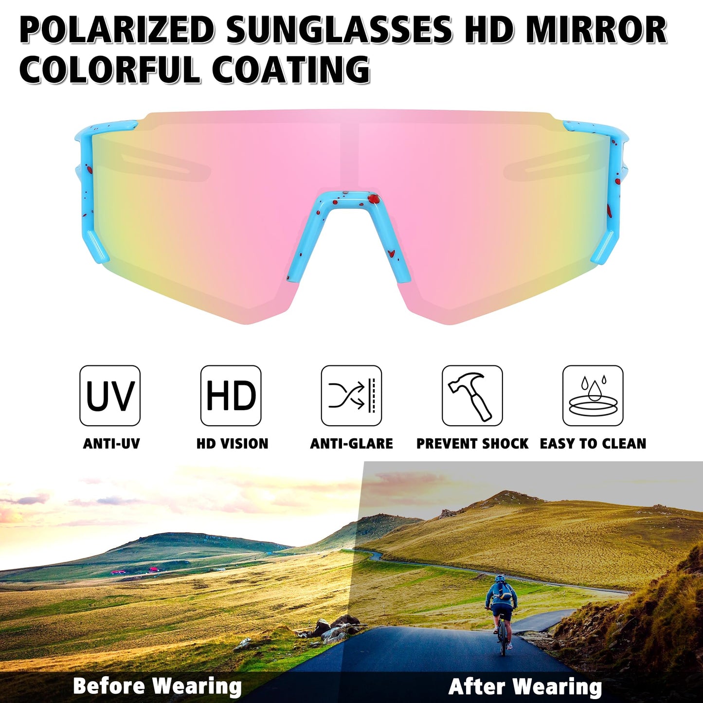STORYCOAST Polarized Sports Sunglasses for Men Women,Bike Glasses Driving Fishing Cycling Mountain Bike Sunglasses UV400 Protection 1-(A) Blue-Pink