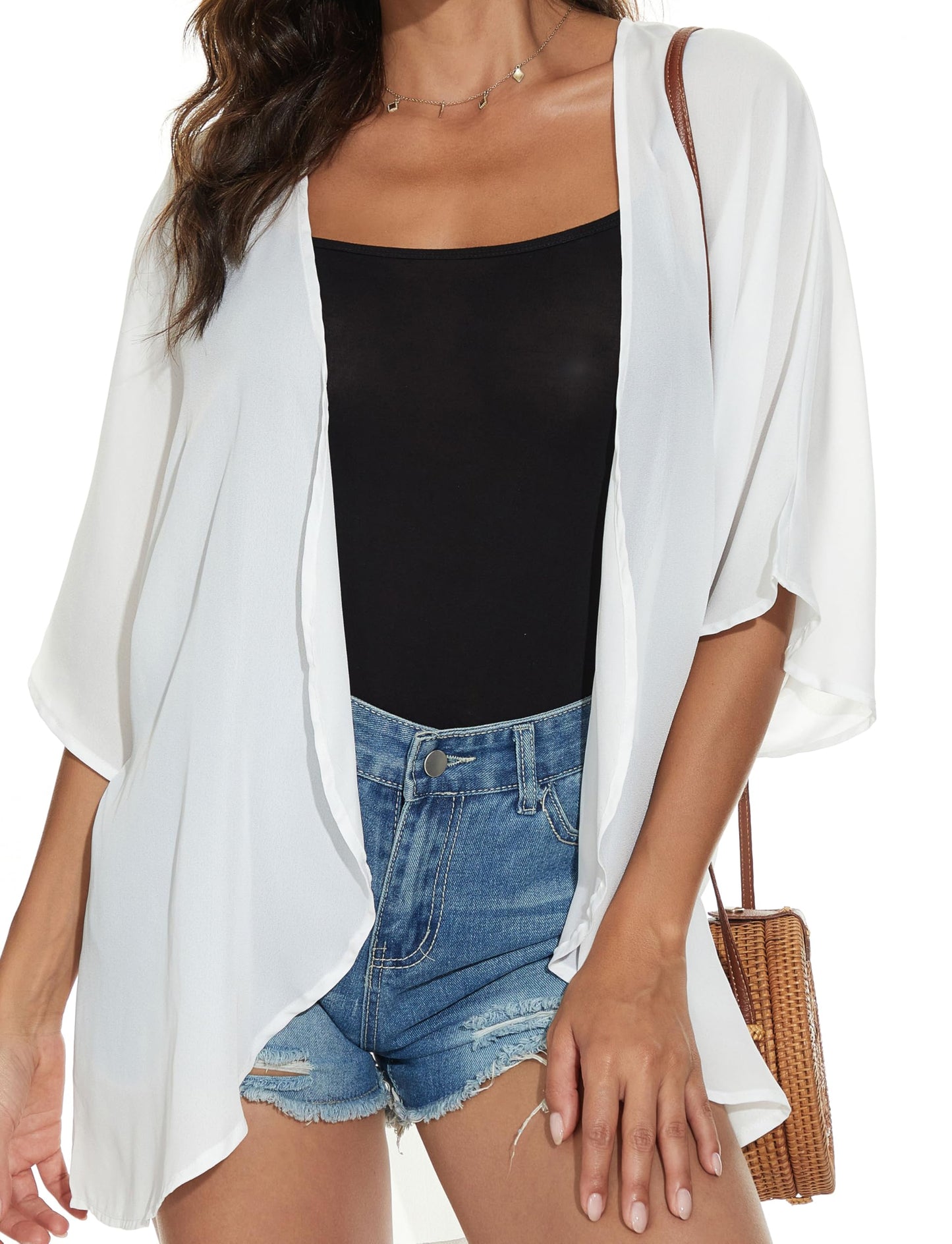 Women Summer Tops Kimono Cardigans Sheer Beach Cover Ups Chiffon Open Front Shirts （White,5XL