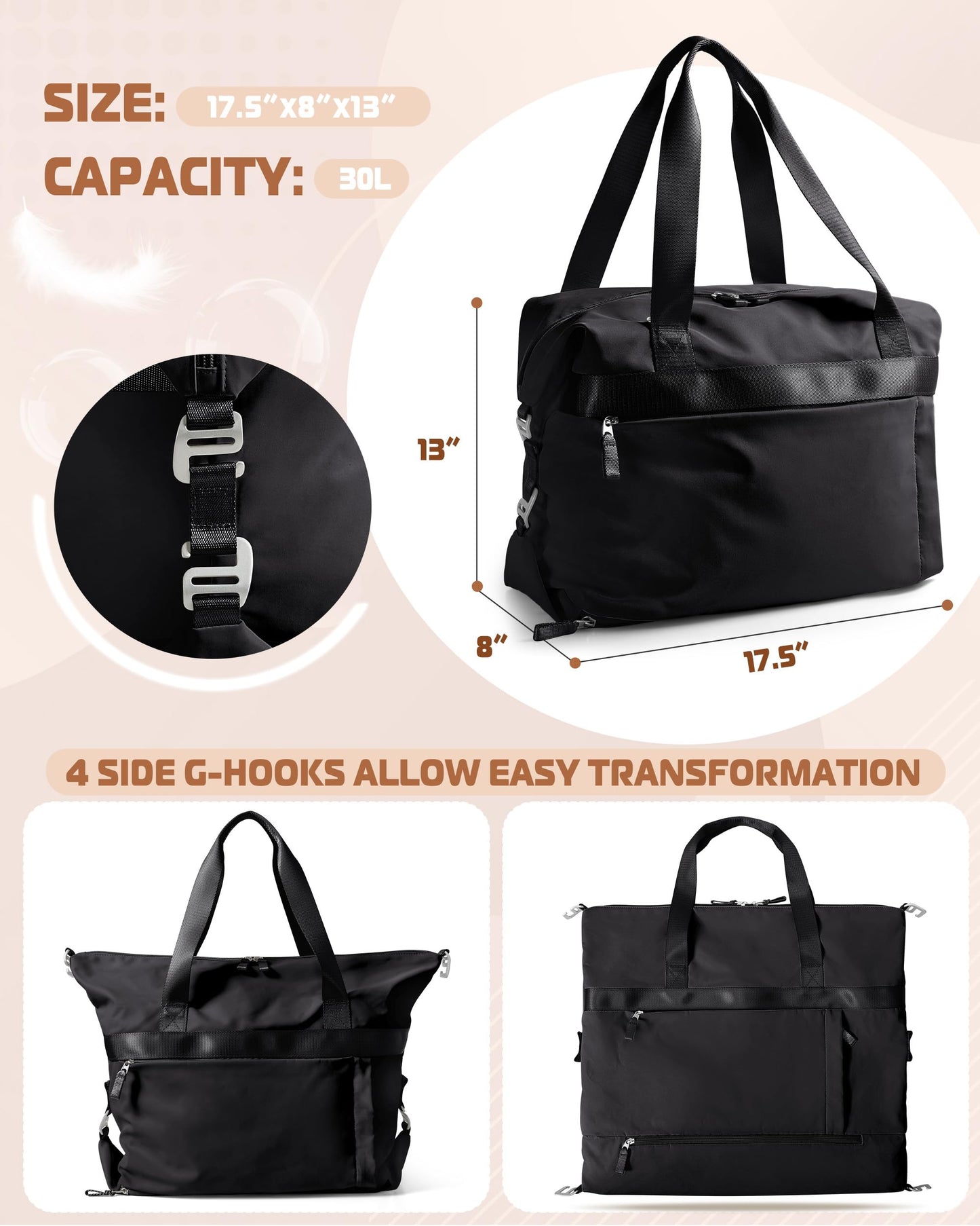 Smasrob Convertible Women Gym Bag with Shoe Compartment and Wet Pocket, Women Duffle Bag with Multiple Pockets and Crossbody Shoulder Strap for Travel and Gym, Black