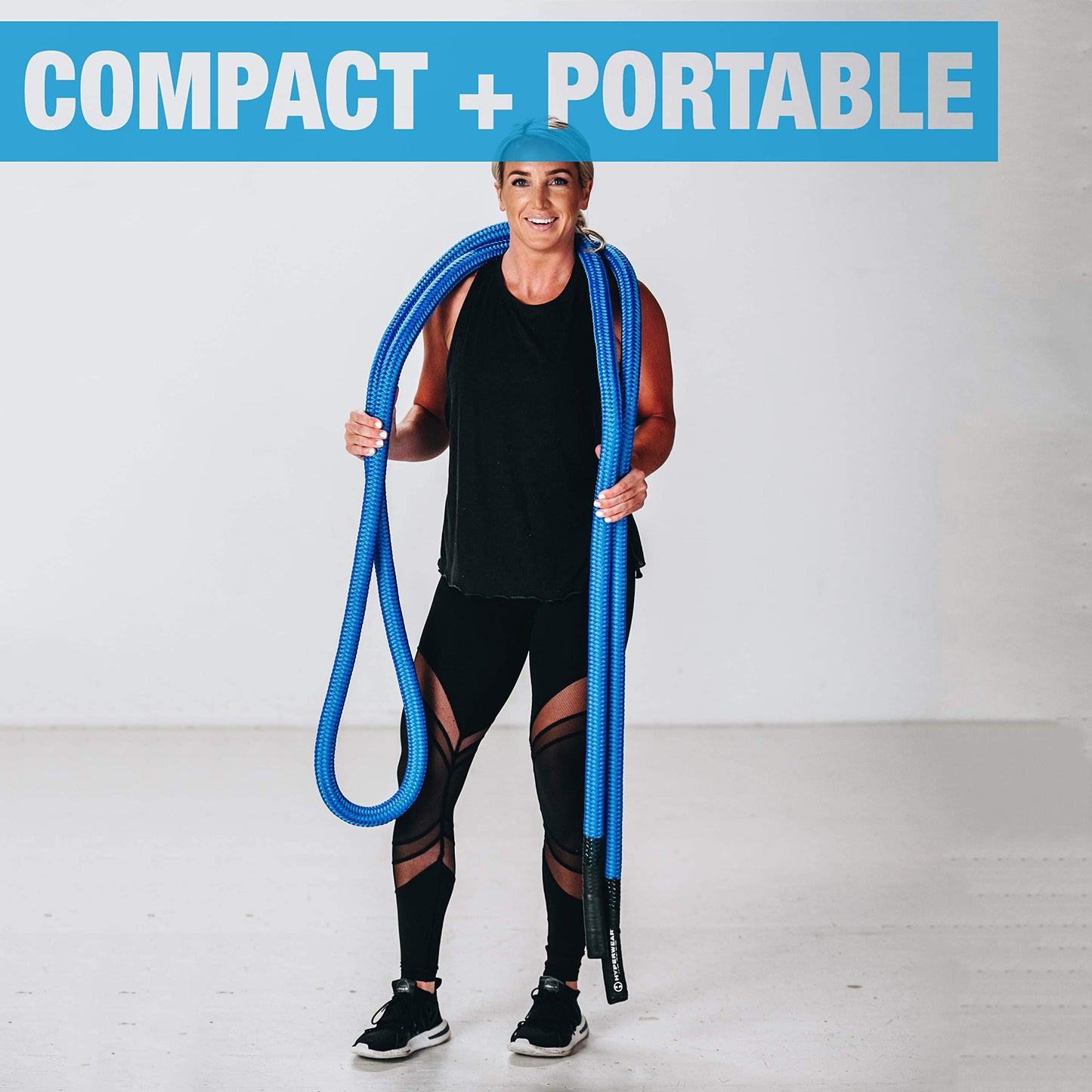 HYPERWEAR Hyper Rope Weighted Short Battle Rope, 15 lbs, 1.5in x 20ft, Anchor Optional, Full-Body Workouts (Blue)