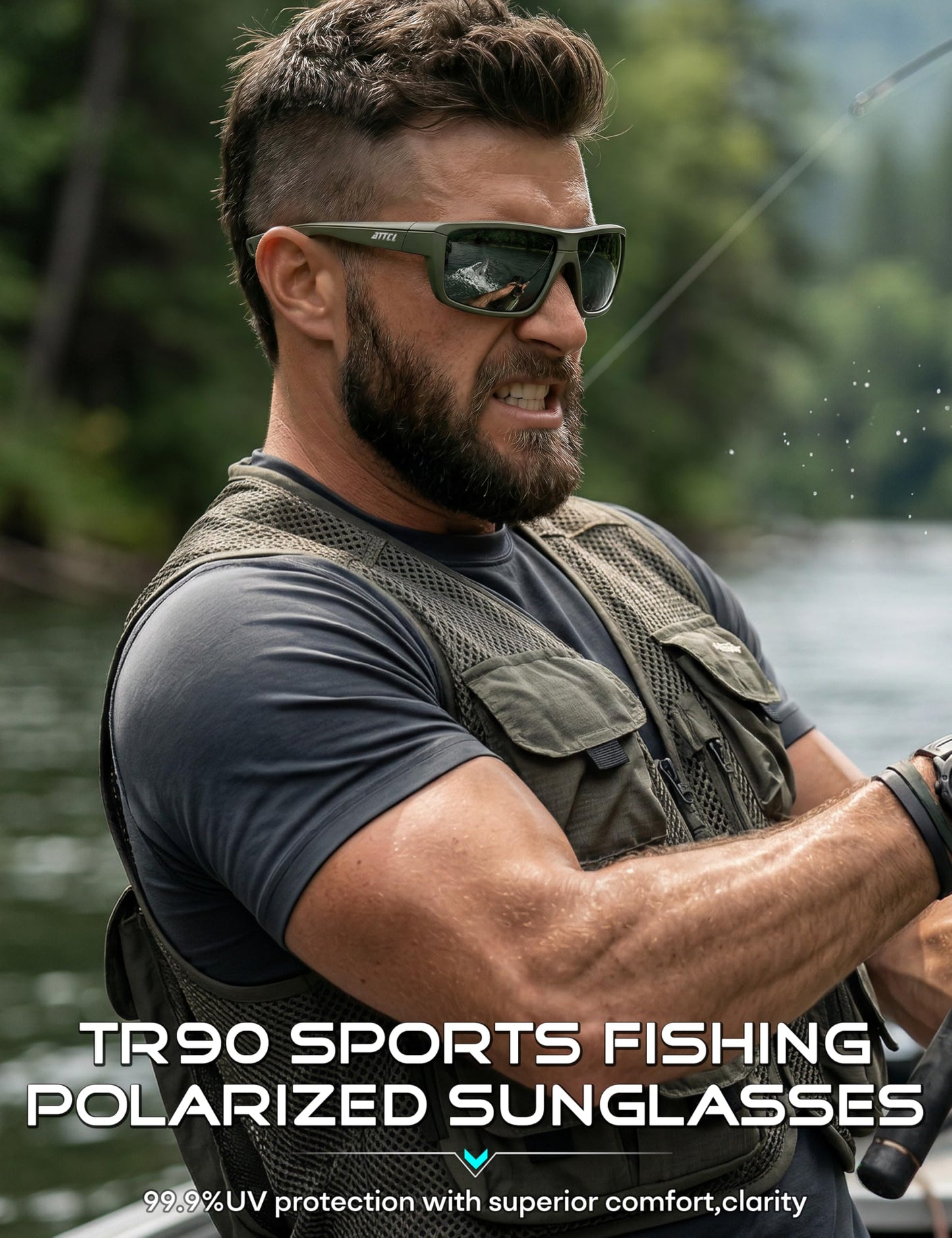 ATTCL Polarized Sunglasses Men for Fishing: UV Protection Lightweight TR90 Sports Wrap Sun Glasses Driving Golf Cycling Running 5001 Green+frame