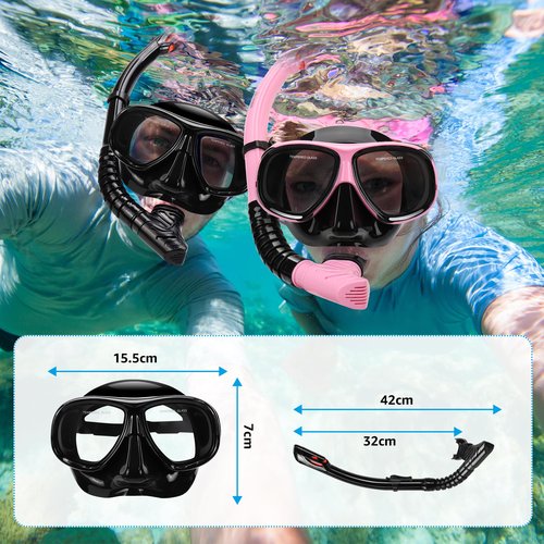 Snorkeling Gear for Adults, Snorkel Mask Adult Set Wide View Scuba Mask Anti-Leak and Anti-Fog Tempered Glass Lens Dry Top Mask Nose Cover for Youth (Black)