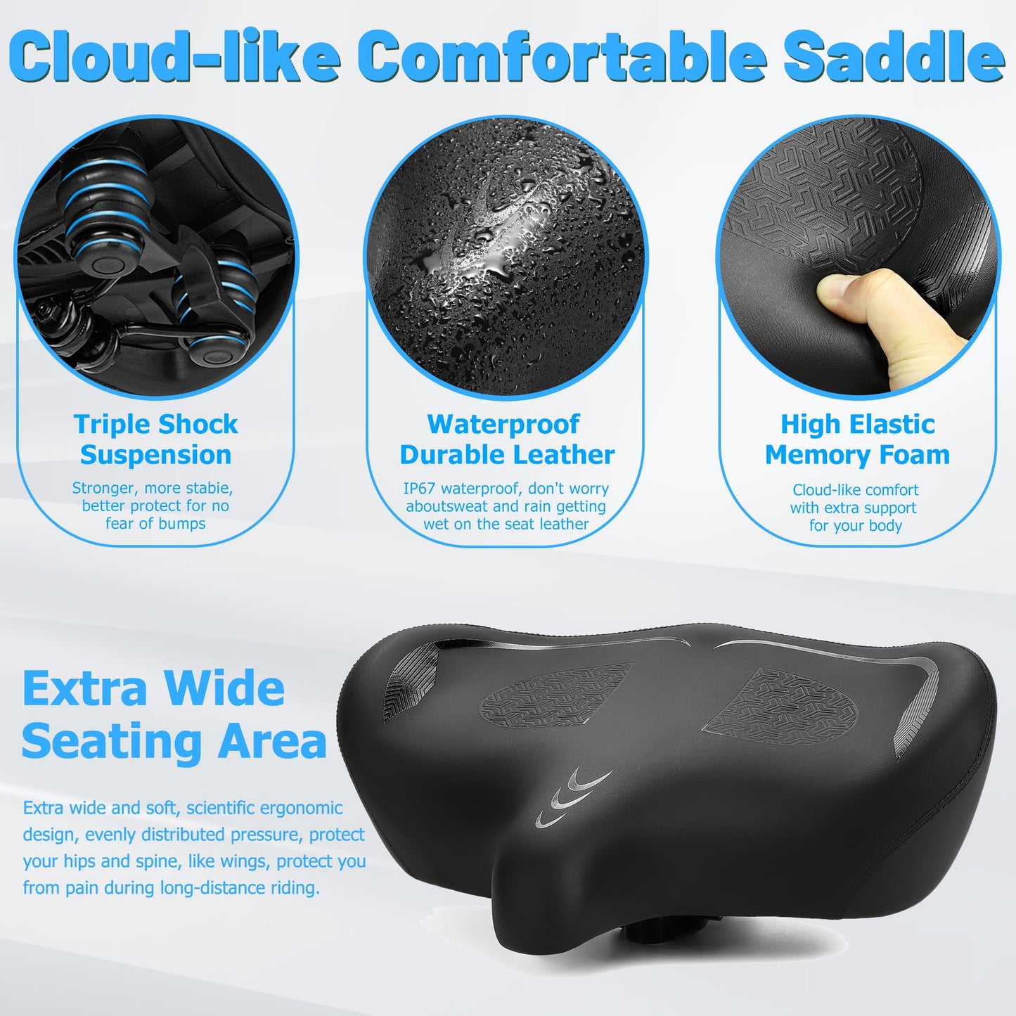 CDYWD Oversized Bike Seat for Men & Women Comfort, Extra Wide Bicycle Seat Cushion, Comfortable Wing Padded, Large Replacement Saddle for Peloton, Stationary Exercise Bike, Ebike, Cruiser, City Bike