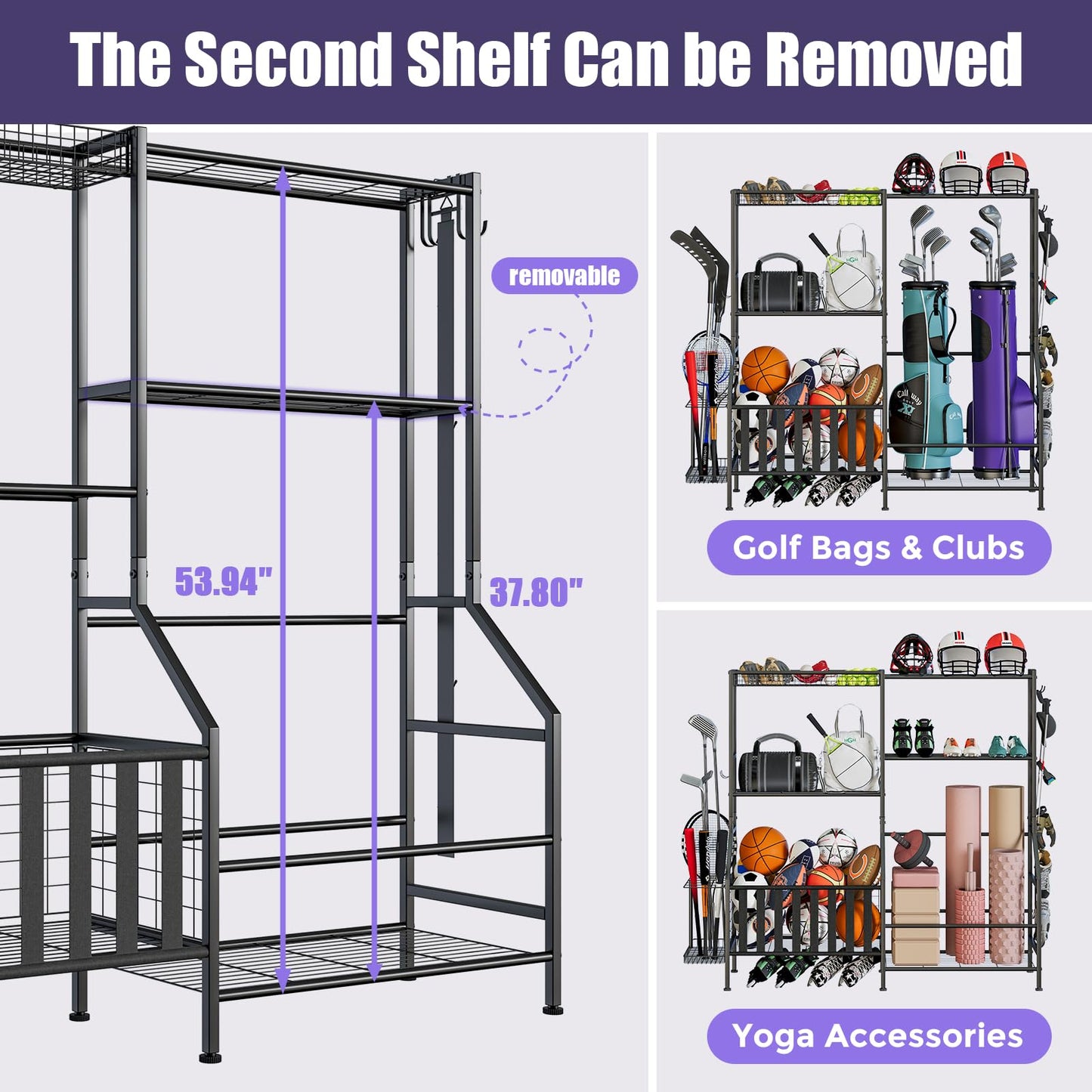 JIRTEMOT Sports Equipment Organizer, Heavy Duty Golf Bags Stand, Extra Large Ball Storage Rack for Garage, Sports Gear Storage with Basket and Hooks, Black