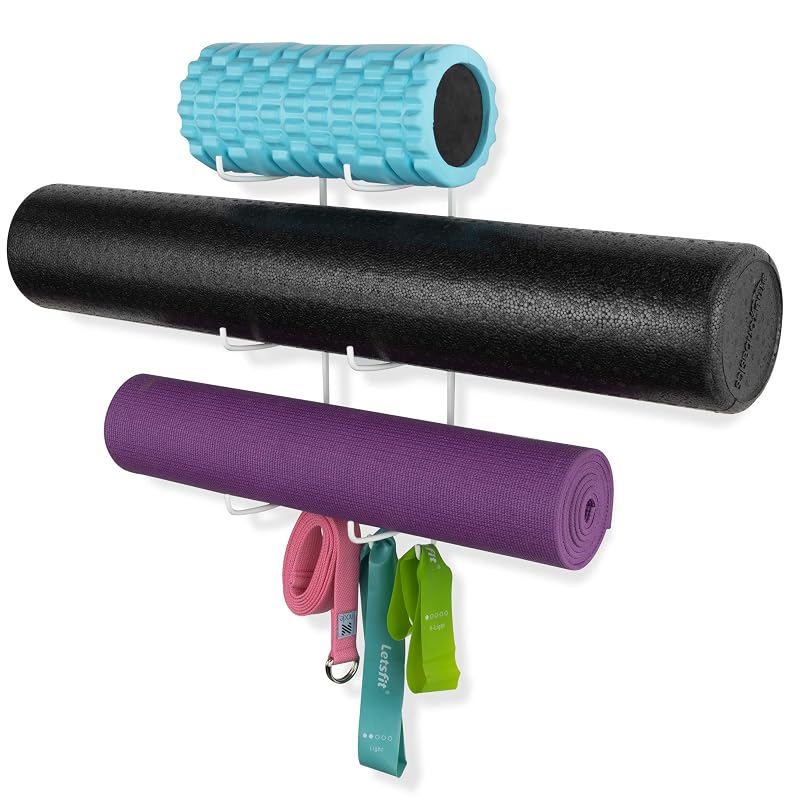 Guru Yoga Mat Wall Mount Rack with 3 Hooks - White 19" H, 5-Sectional