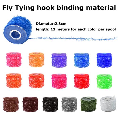 GEBDMA Crystal Flash Chenille Fly Tying Materials 16 Colors Fly Tying Tinsel Sparkling Chenille Lines for Fly Patterns and Crappie Jig Making Supplies