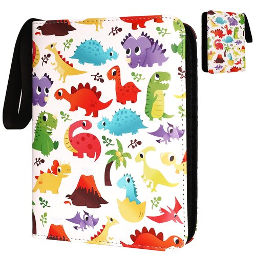 4 Pocket Card Binder for Yoto Cards - Double Sided Hold up 400 Pockets with 50 Removable Sleeves Premium Zipper PU Cover, Dino