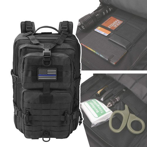Hannibal Tactical MOLLE Assault Backpack, Tactical Backpack Military Army Camping Rucksack, 3-Day Pack Trip w/USA Flag Patch, D-Rings, Black