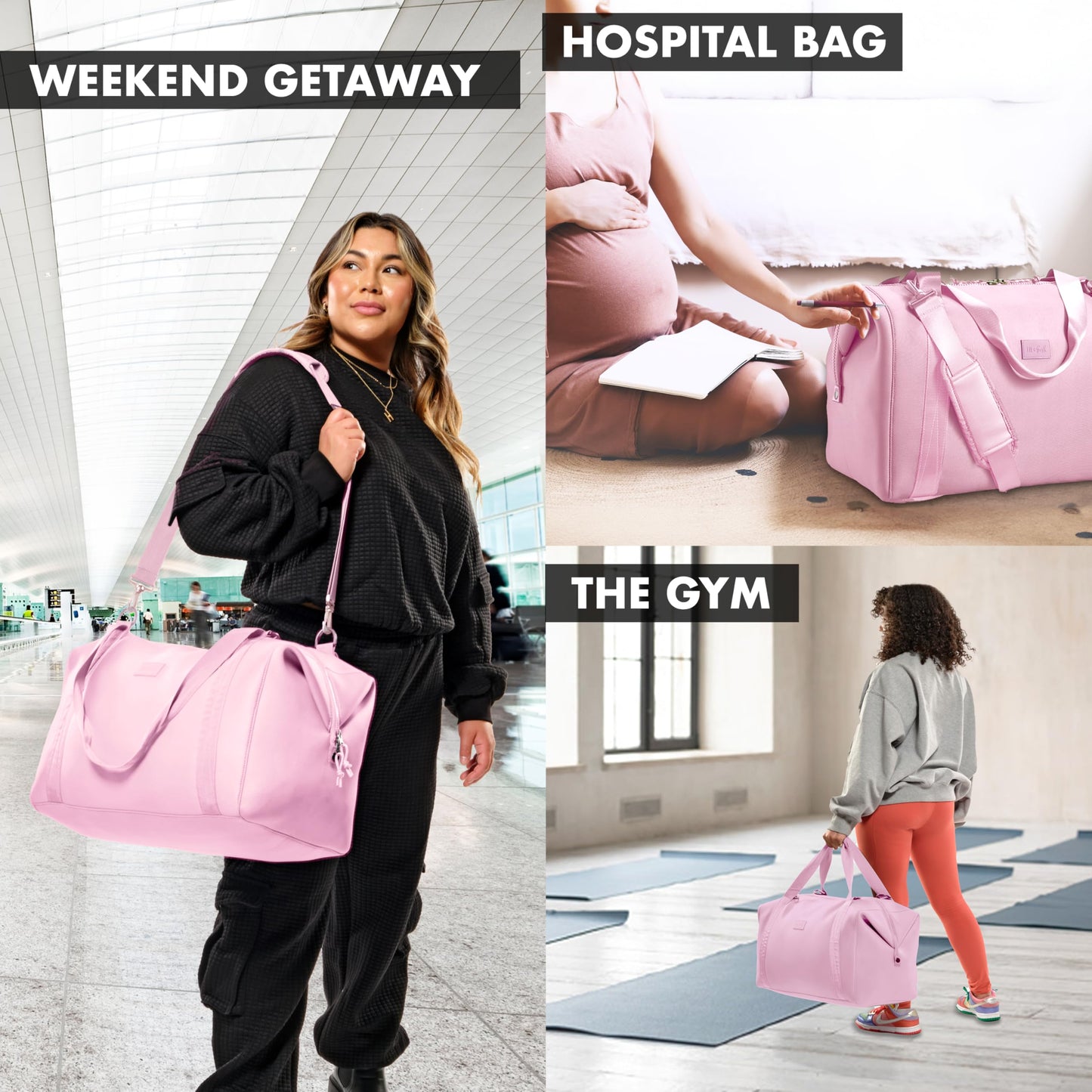 Fit & Fresh Neoprene Weekender Bag for Women – Carry-On Friendly Travel Duffel with Expandable Sides, Trolley Sleeve & Pockets – Lightweight, Water-Resistant Overnight Bag for Weekend Trips, Pink