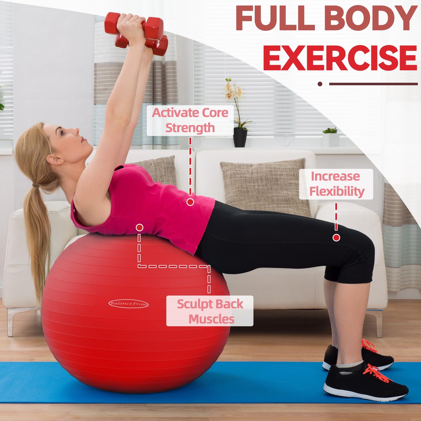 Fitvids Anti-Burst and Slip Resistant Exercise Yoga Ball with Quick Pump 68-75cm, XL, Red