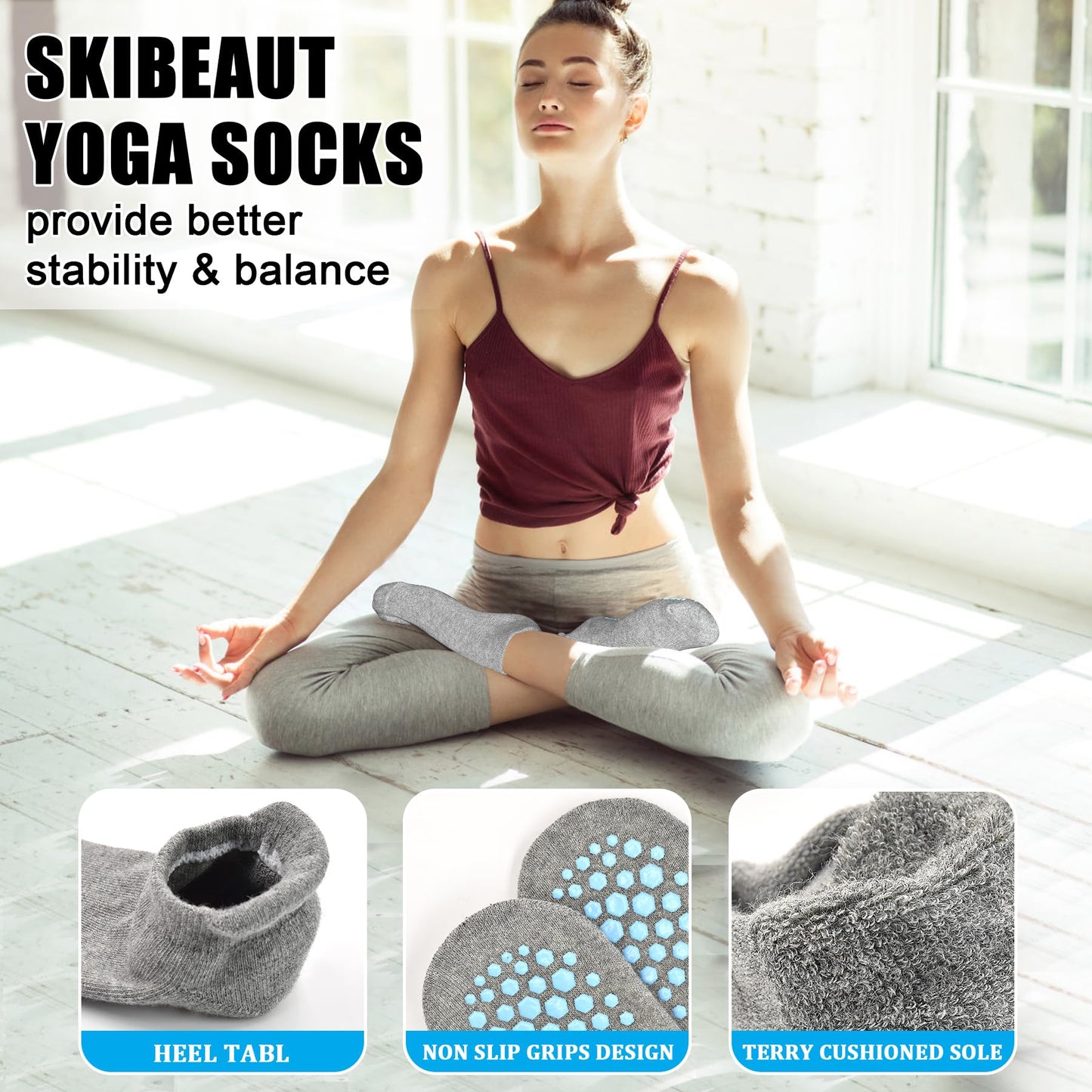 SkiBeaut 6 Pairs Non Slip UnisexGrips Socks Pilates Men Women Anti Skid Grippers Lady Mens Cushion Socks for Yoga Barre Home & Hospital, US Size 5-8