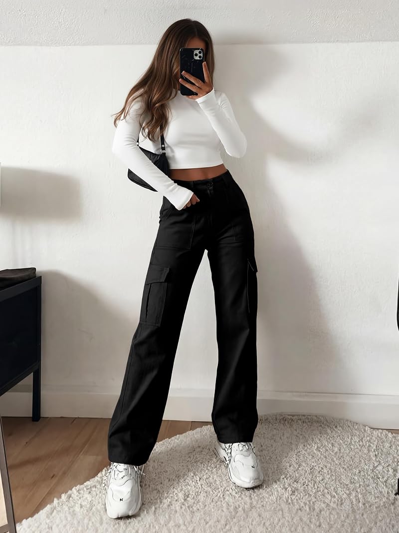 Tall Cargo Pants for Women 34" Inseam - Y2K Straight Leg, 6 Pockets, Black XXL+