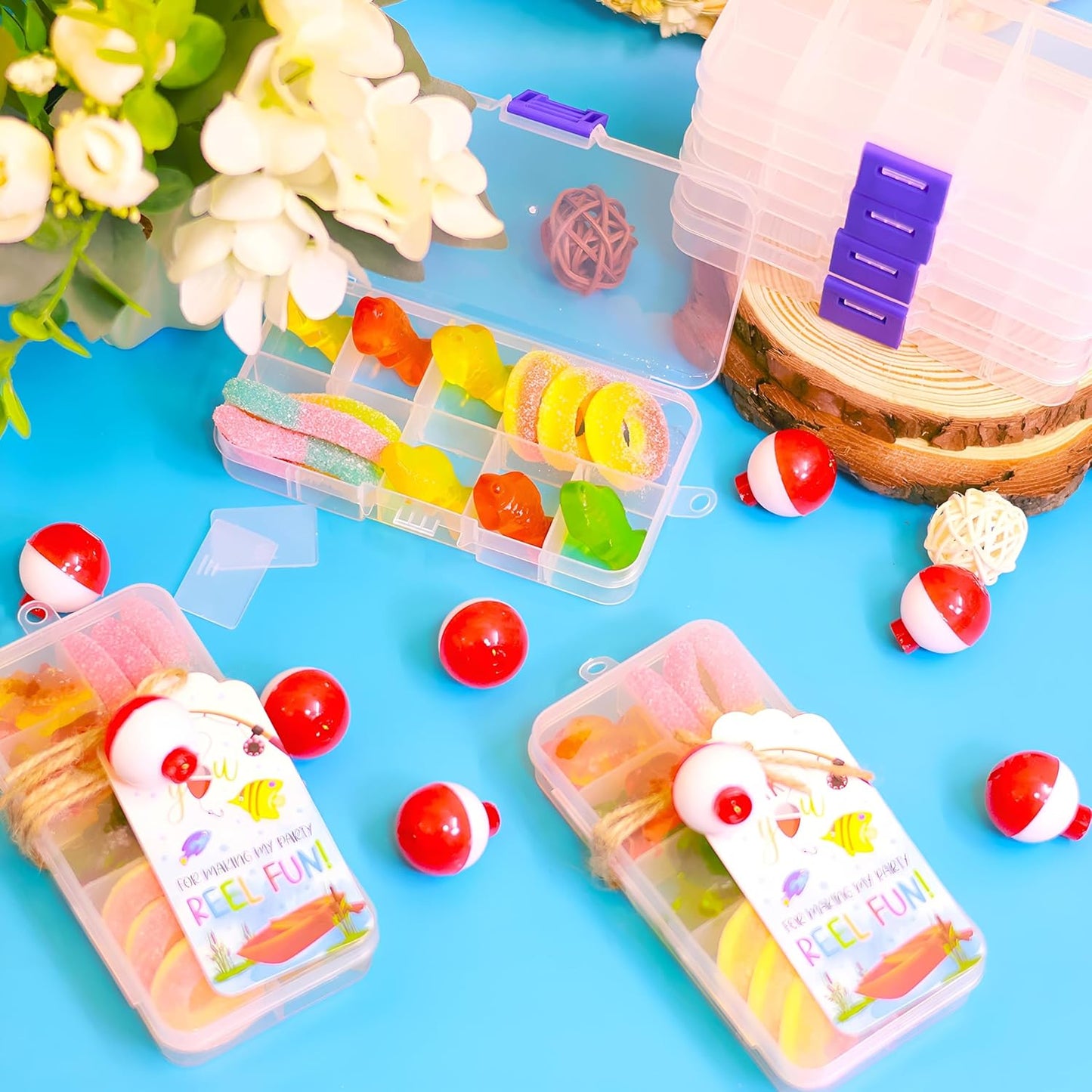 24 Set Fishing Candy Little Tackle Boxes for Birthday Party Favors with 24 Fishing Bobber 24 Thank You Cards for Making My Party Reel Fun Gone Fishing Theme Supplies Fishing Decorations (24)