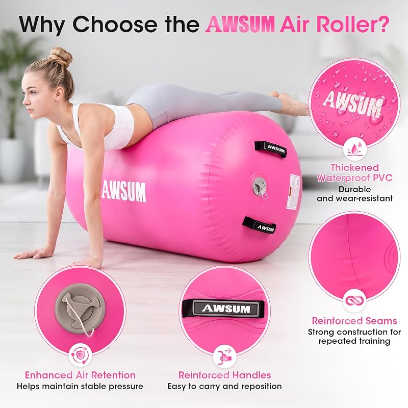 Air Roller Gymnastics Barrel for Back Handspring & Walkover - Pink 39.4" L × 23.6" Dia (Variation: Pink)