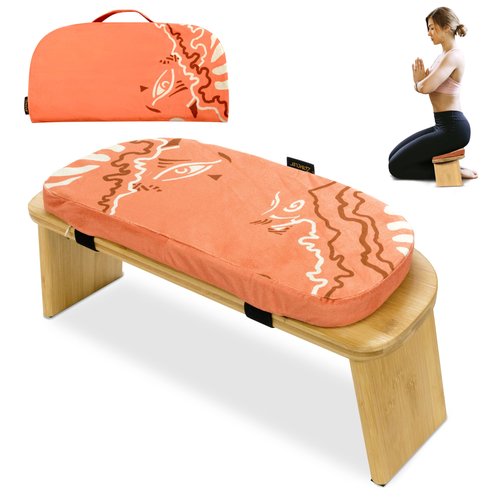 Zaveur Bamboo Meditation Bench with Cushion - Foldable Bench for Multiple Seating Angles - Kneeling Chair Meditation Stool - Yoga Chair Prayer Bench for Deeper and Longer Meditation - Orange