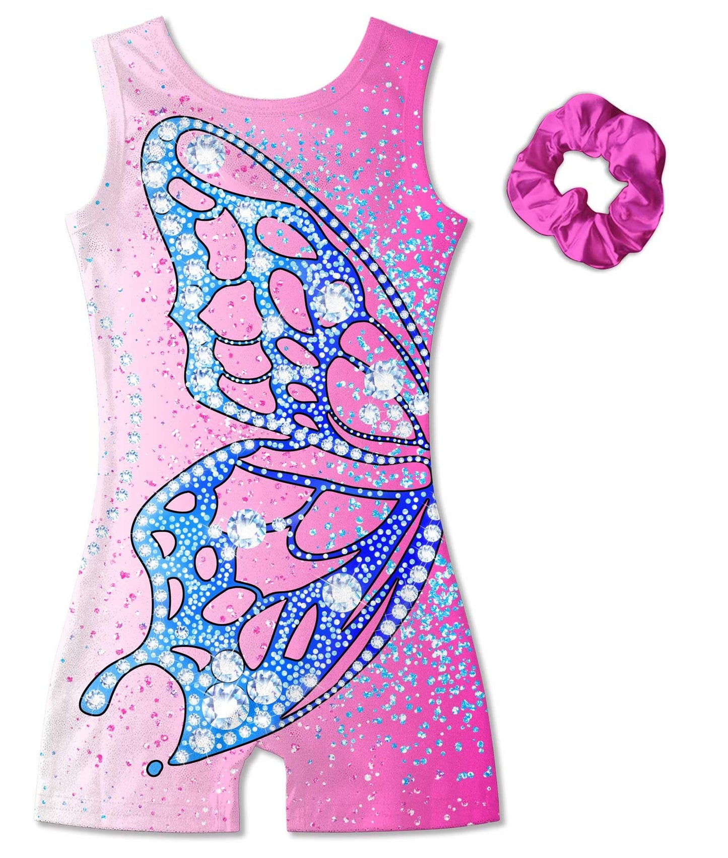 Vogseek Gymnastics Leotards for Girls 11 12 Years Pink Blue Butterflyss Tumbling Outfits with Hair Scrunchie Kids Sparkle Ballet Dance Biketards, Pink Blue